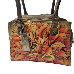 Anuschka Handbag, Hand Painted Leather  Handbag, Triple Compartment Handbag- NEW